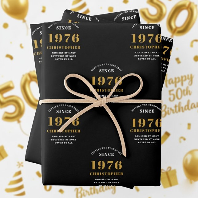 50th Birthday born 1976 Add Name Black Gold Geschenkpapier Set (1976 Wrapping paper. White and gold background.)