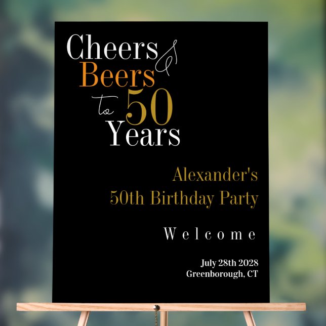 50th Birthday Cheers and Beers Black Gold Party Acrylschild (Neutral)