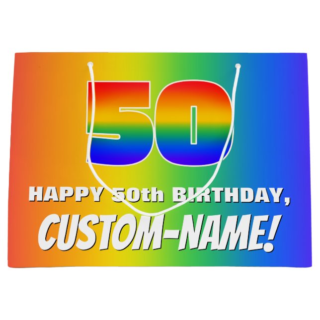 50th Birthday: Colorful, Fun Rainbow Pattern # 50 Große Geschenktüte (Vorderseite)