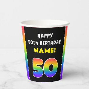 50th Birthday: Colorful Rainbow # 50, Custom Name Pappbecher