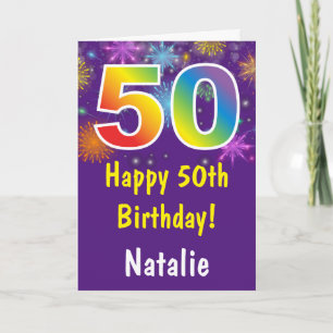 50th Birthday Colorful Rainbow Fireworks Purple Karte