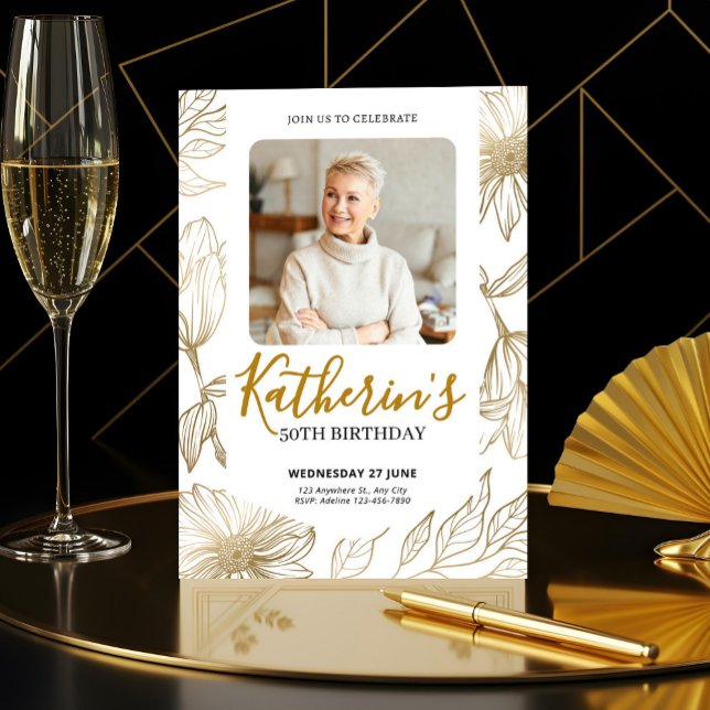 50th Birthday Elegant Gold Floral Photo Einladung (50th Birthday Elegant Gold Floral Photo Invitation, Fifity Birthday)