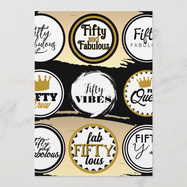 50th Birthday Fifty Fabulous Black Gold Party Einladung (Vorderseite)