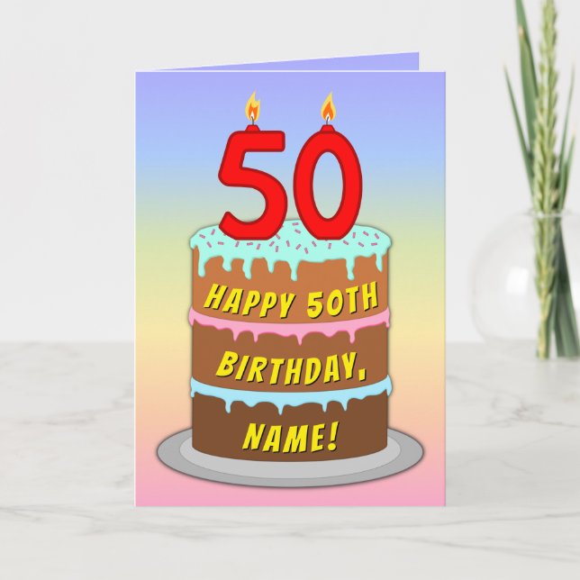 50th Birthday — Fun Cake & Candles, w/ Custom Name Karte (Vorderseite)