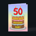 50th Birthday — Fun Cake & Candles, w/ Custom Name Karte<br><div class="desc">This upbeat and cheerful birthday themed greeting card design feature a cartoon-style depiction of a three-tier birthday cake having number-shaped candles on top showing the age 50, along with the message "HAPPY 50TH BIRTHDAY", and an editable recipient. The background of the front feys a multicolored pastel rainbow spectrum inspired gradient...</div>