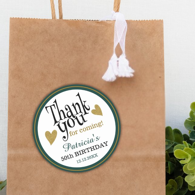 50th Birthday Green Black And Gold Thank You Favor Runder Aufkleber (Von Creator hochgeladen)