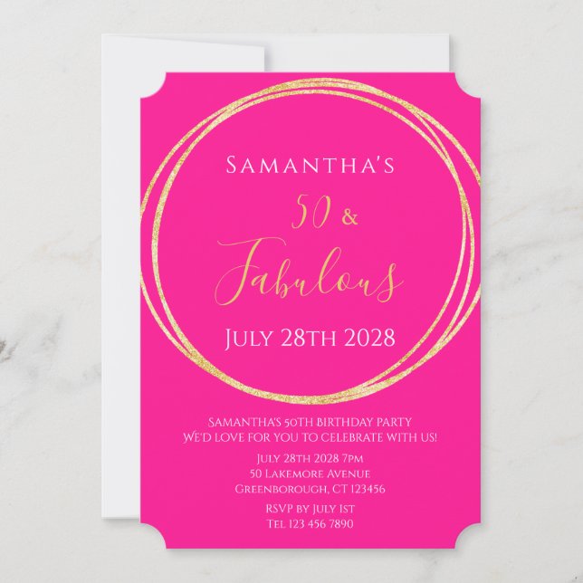 50th Birthday Hot Pink Gold Birthday Invitation Einladung (Vorderseite)