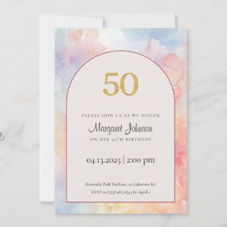 50th Birthday Invitation | Pastel Watercolor Gold  Einladung