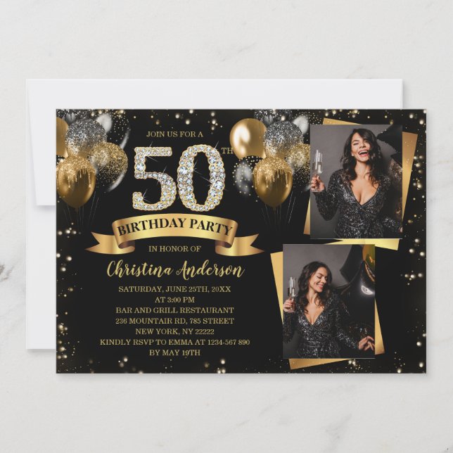 50th Birthday Modern Gold Glitter Balloons 2 Photo Einladung (Vorderseite)