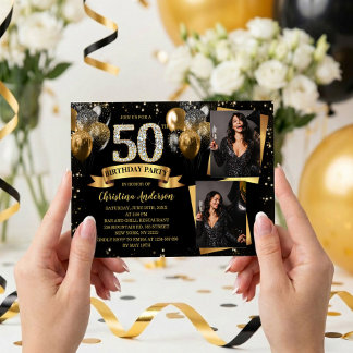 50th Birthday Modern Gold Glitter Balloons 2 Photo Einladung
