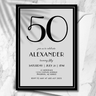 50th Birthday Modern Minimalist Mens Black Gray Einladung