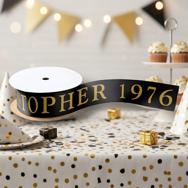 50th Birthday Name 1976 Black Gold Elegant Chic Satinband (Born 1976 ribbon.)