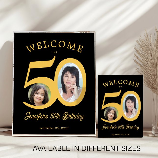 50th birthday party 2 photo black gold welcome poster (Von Creator hochgeladen)