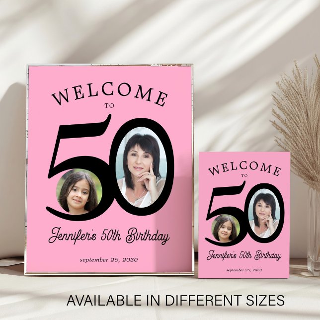 50th birthday party 2 photo black pink welcome poster (Von Creator hochgeladen)