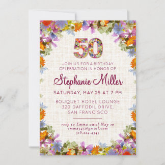 50th Birthday Party – Elegant Floral Linen Design Einladung