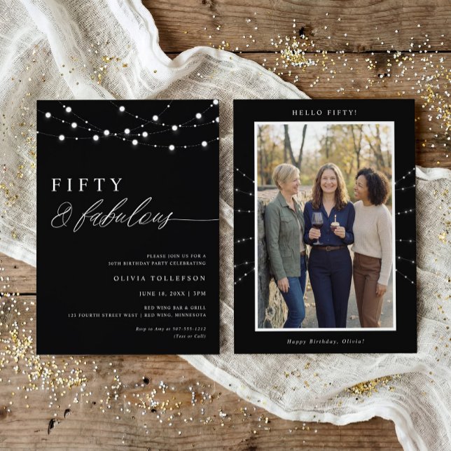 50th Birthday Party Fifty & Fabulous Modern Einladung (Modern fifty fabulous 50th birthday invitation with white glitter accents and photo back design)