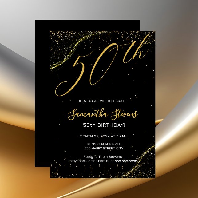 50th Birthday Party Gold and Black Einladung (Gold 50th Birthday Party Invitation on Black)