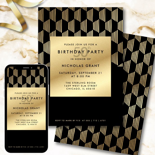 50th Birthday Party Modern Black and Gold Foil Einladung (Von Creator hochgeladen)