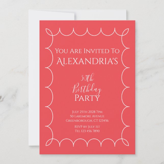50th Birthday Party Modern Pink Red Wavy Border Einladung (Vorderseite)