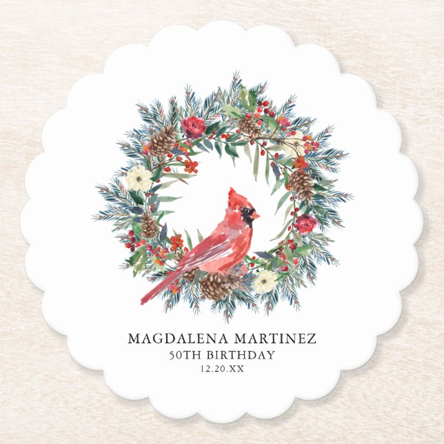 50th Birthday Party Red Cardinal Wreath Custom Untersetzer (Vorderseite)