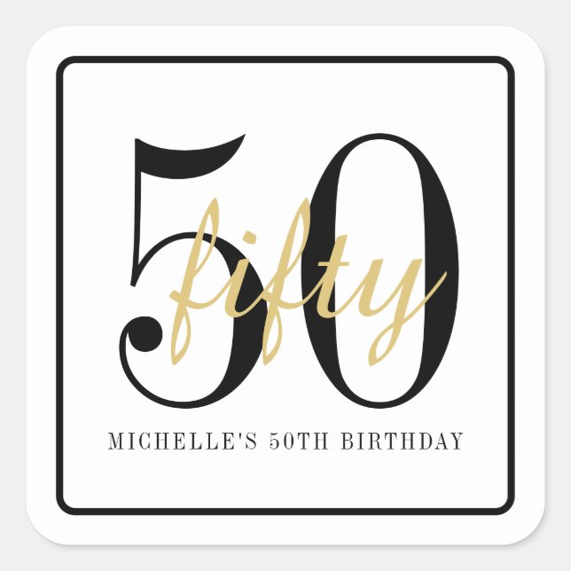 50th Birthday Party White Black Chic Favor Sticker (Vorderseite)