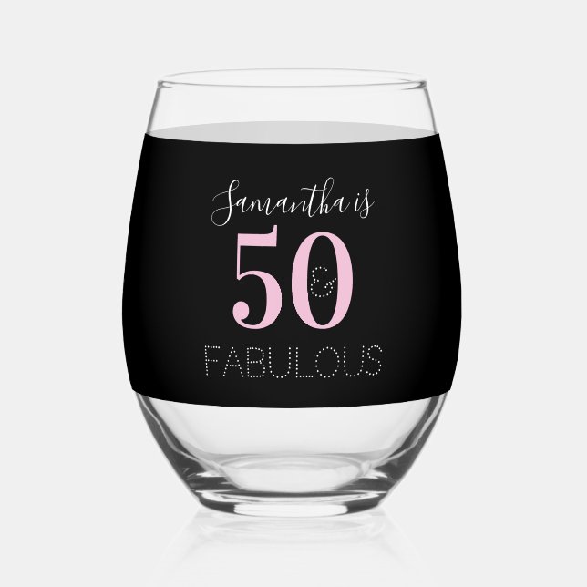 50th Birthday Personalized Black Pink Weinglas Ohne Stiel (Vorderseite)