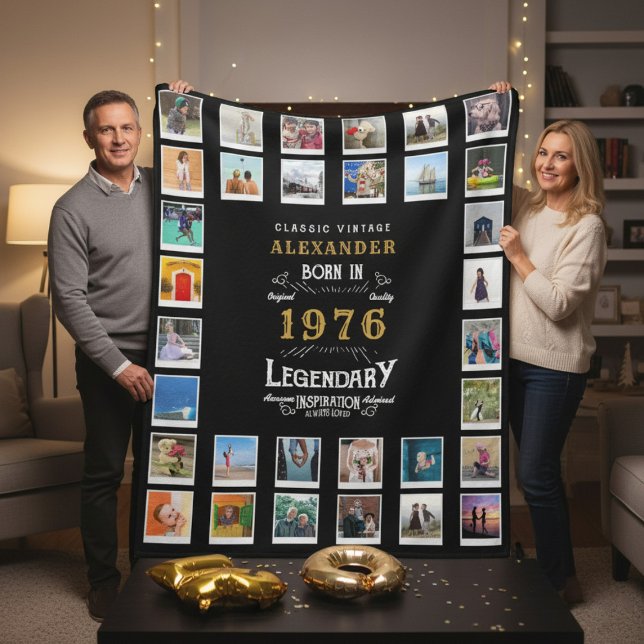 50th Birthday Photo Collage Father Grandfather Fleecedecke (1976 fleece photo blanket held by a couple in a room.)