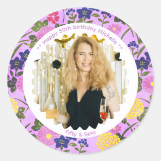 50th birthday photo name pink floral elegant runder aufkleber