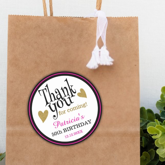 50th Birthday Pink Black And Gold Thank You Favor Runder Aufkleber (Von Creator hochgeladen)