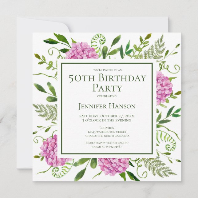 50th Birthday Pink Hydrangeas Card Request  Einladung (Vorderseite)