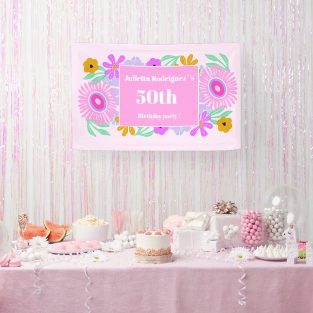50th birthday pink modern cute floral chic Banner (Party)