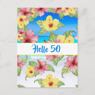 50th Birthday Tropical Flower Hello 50 Postkarte