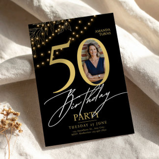 50th Birthday with Photo Elegant Black & Gold Einladung