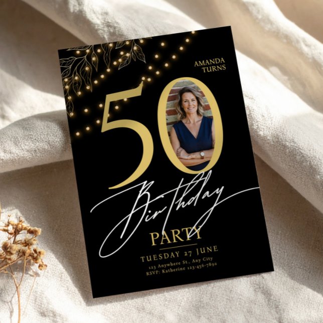 50th Birthday with Photo Elegant Black & Gold Einladung (50th Birthday with Photo Elegant Black & Gold, 50th Birthday Women, Photo Birthday Card)