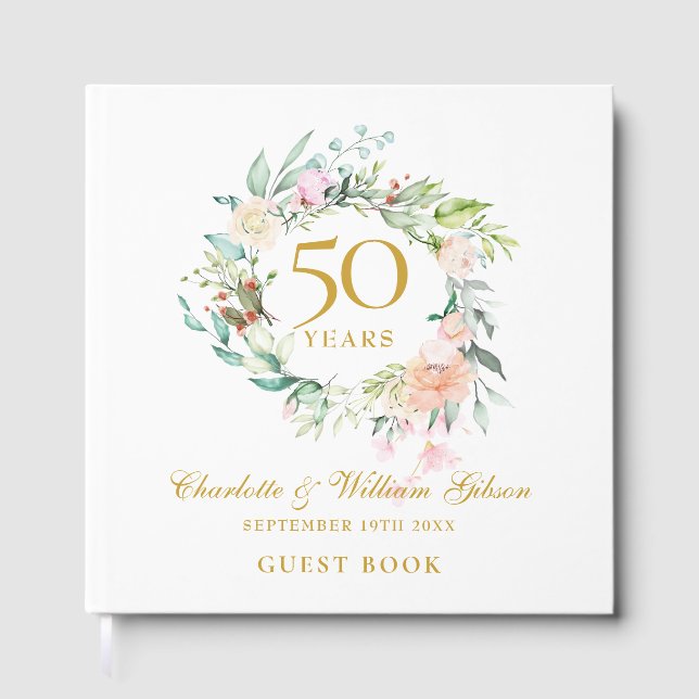 50th Golden Wedding Anniversary Floral Garland Gästebuch (Vorderseite)