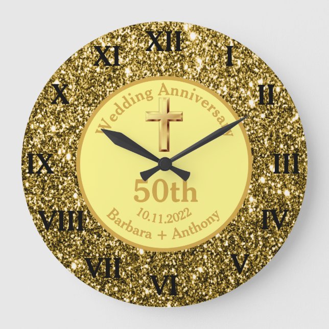 50th Golden Wedding Anniversary Gold Religious Lar Große Wanduhr (Vorderseite)