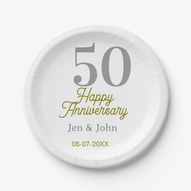 50th happy anniversary name date silver gold date  pappteller (Vorderseite)