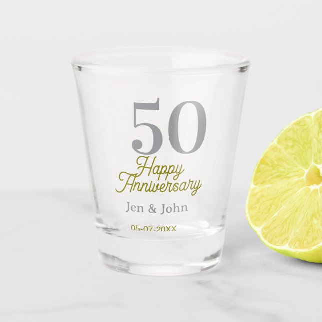 50th happy anniversary name date silver gold date  schnapsglas (Vorderseite)