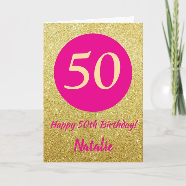 50th Happy Birthday Hot Pink und Gold Glitzer Karte (Vorderseite)