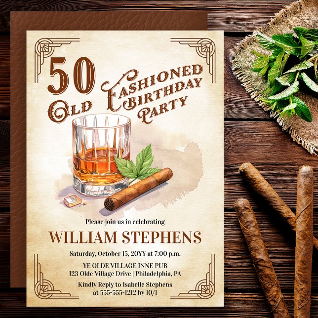 50th Old Fashioned Whiskey Cigar Birthday Party Einladung (Old Fashioned whiskey 50th birthday invitation with vintage masculine style)