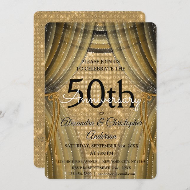 50th Wedding Anniversary Black and Gold Sparkle Einladung (Vorne/Hinten)