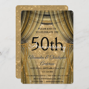 50th Wedding Anniversary Black and Gold Sparkle Einladung