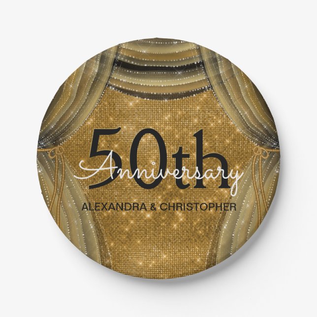 50th Wedding Anniversary Black and Gold Sparkle Pappteller (Vorderseite)