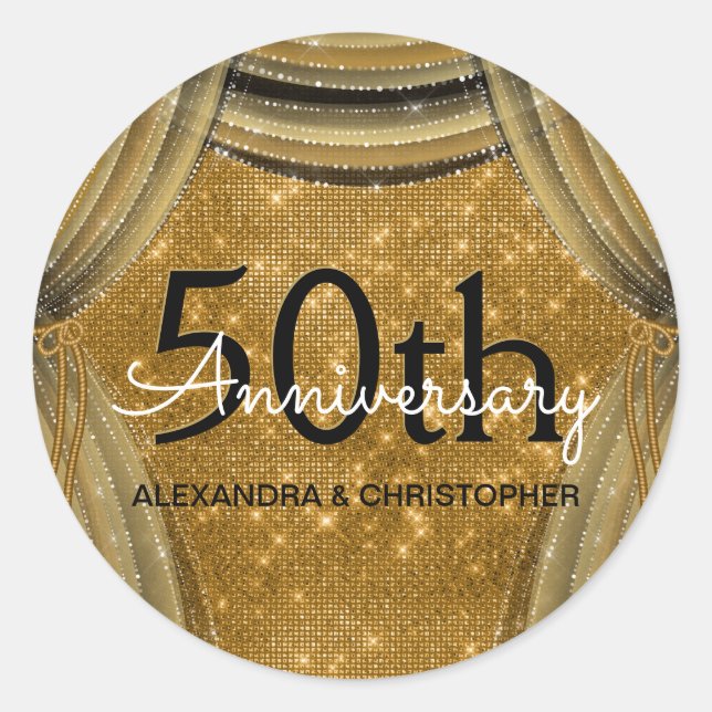50th Wedding Anniversary Black and Gold Sparkle Runder Aufkleber (Vorderseite)
