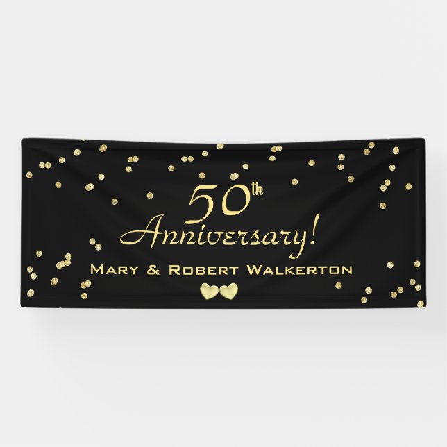 50th Wedding Anniversary Black mit Gold Hearts Banner (Horizontal)
