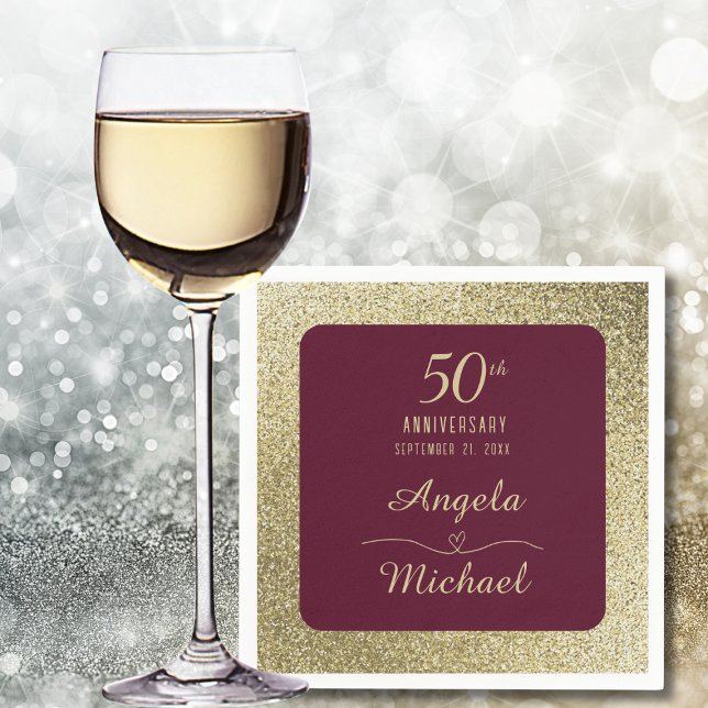 50th Wedding Anniversary Burgundy Gold Glitter  Serviette (Von Creator hochgeladen)