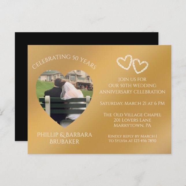 50th Wedding Anniversary Custom Foto Gold & Black Einladungspostkarte (Vorne/Hinten)