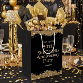 50th Wedding Anniversary Gold Faux Glitter Mittlere Geschenktüte