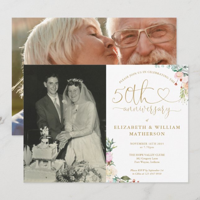 50th Wedding Anniversary Gold Heart Floral 2 Photo Einladung (Vorne/Hinten)