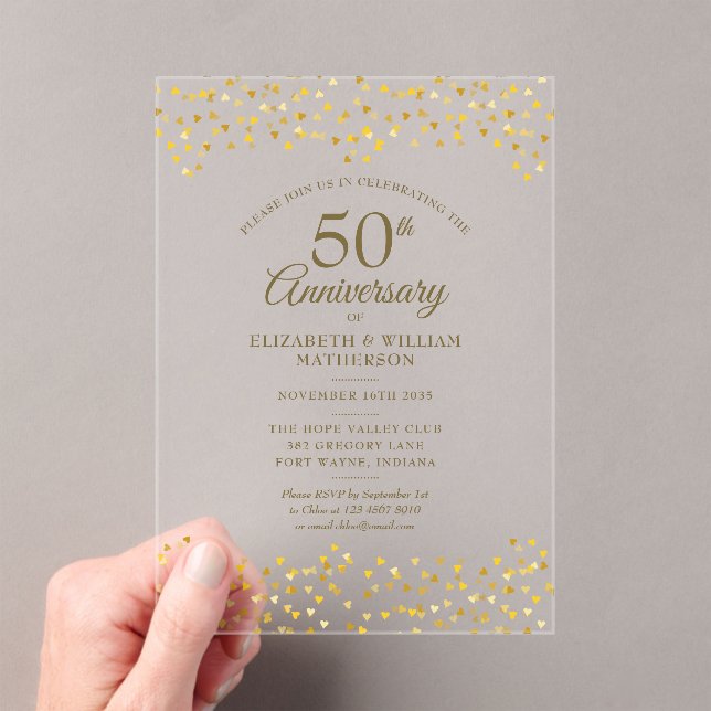 50th Wedding Anniversary Gold Love Hearts Confetti Acryleinladungen (Insitu (Handheld))